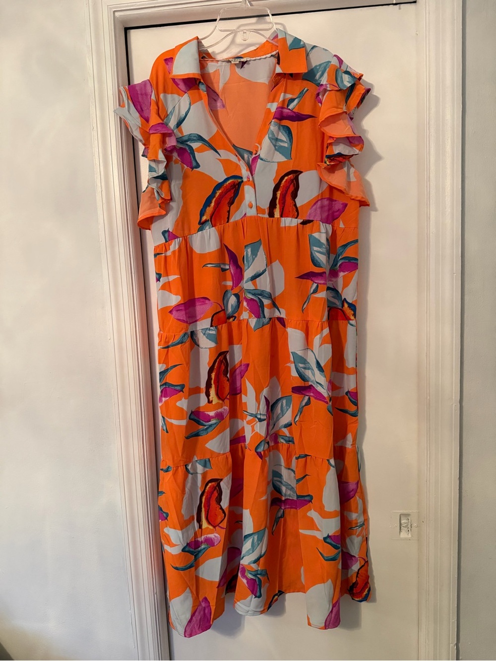 Umgee Orange Tropical Print Ruffle Sleeve Maxi Dress - Size L